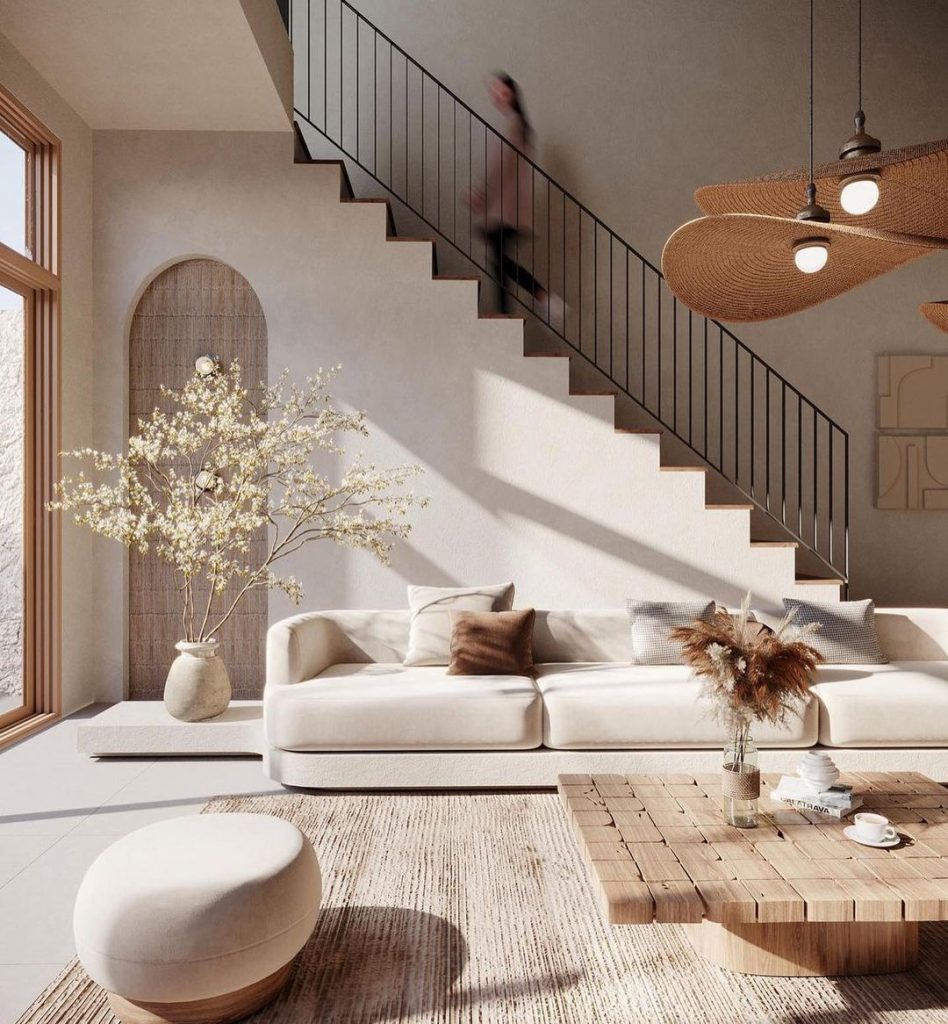 décoration intérieur matériaux naturels design déco salon canapé blanc bois tapis en jute mur en chaux